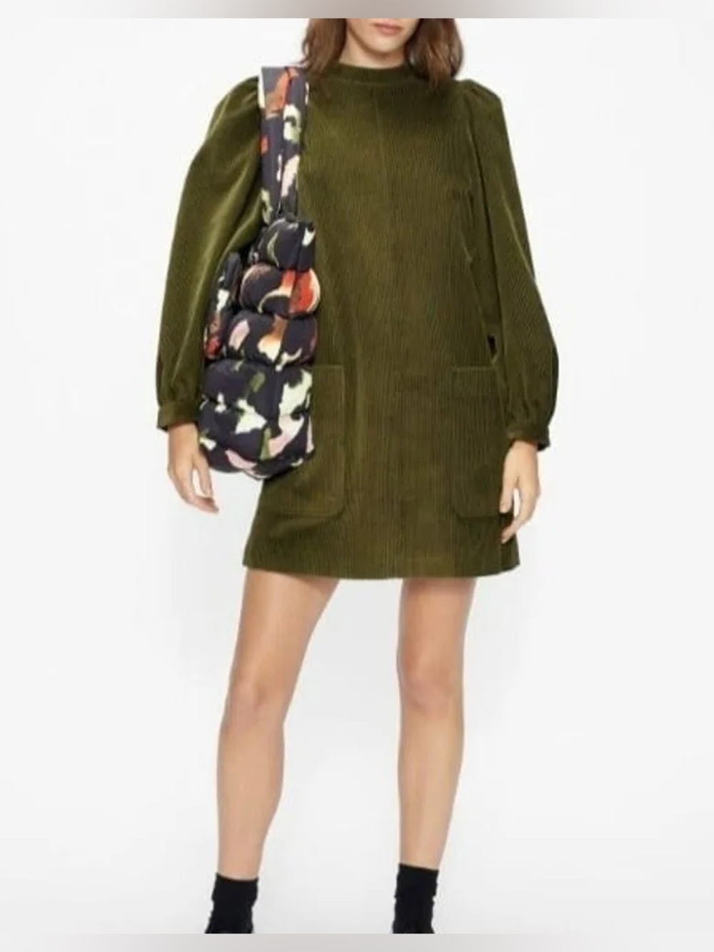 Ted Baker London XAVIA A-Line cord mini dress in khaki with Puffed Sleeves